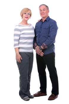 retired couple wearing casual outfits on white isolated background
