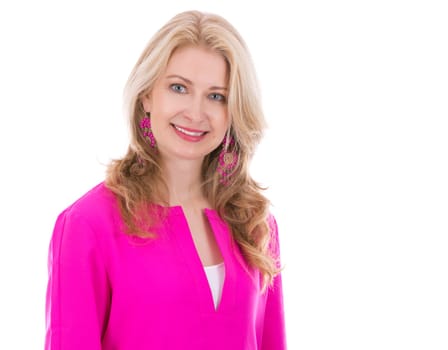 blond woman wearing pink top on white background