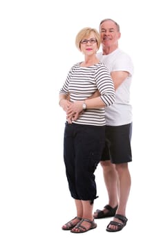 retired couple wearing casual outfits on white isolated background