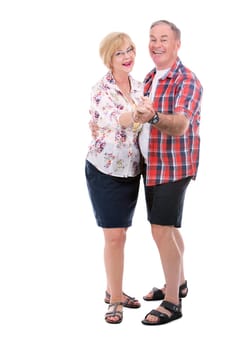 retired couple wearing casual outfits on white isolated background