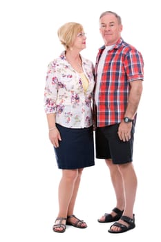 retired couple wearing casual outfits on white isolated background