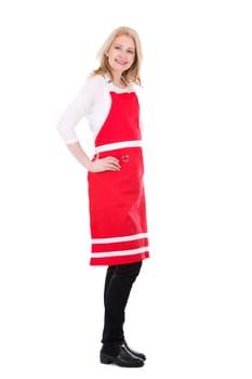 blond woman wearing red apron on white isolated background