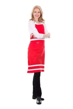 blond woman wearing red apron on white isolated background