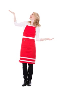 blond woman wearing red apron on white isolated background
