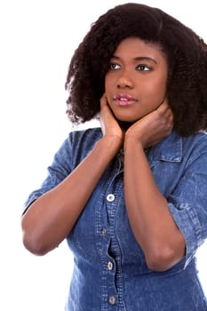 beautiful young black woman is wearing jean dress on white background