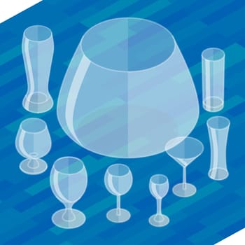 Glassware isometric flat icons set. Collection empty glassware simple flat pictograms. Set of transparent glasses goblets, vector icon. Cocktail glasses collection.