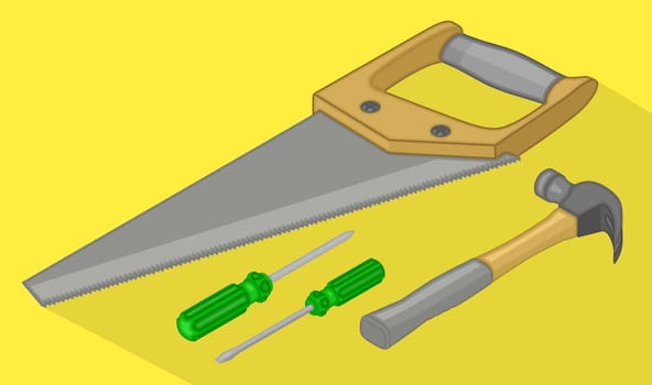 Tools isometric flat vector 3d set illustration. Saw, screwdriver and hammer eqipment vector collection.