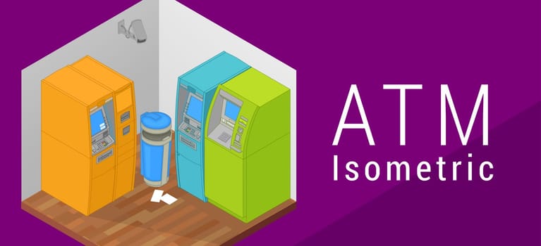 ATM isometric flat vector 3d illustration. Indoor ATM machine. Flat style illustration. EPS 10 vector. ATM secured by security camera. Auto teller machine. Flat vector illustration