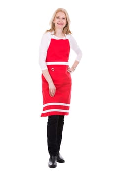 blond woman wearing red apron on white isolated background