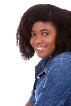 beautiful young black woman is wearing jean dress on white background