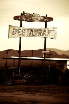 Needles,United States - December 24,2015: A dilapidated and ruined restaurant on Route 66 near Needles in the wasteland of the Mojave Desert 24,2015,in Needles.