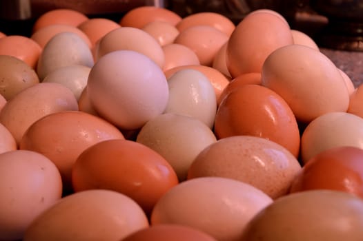Fresh laid yard eggs, washed and laid on a blue towel to dry.