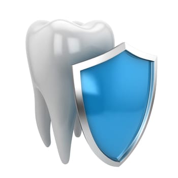 Tooth and shield. 3d illustration isolated on white background