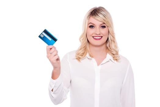 Delightful woman holding atm card