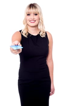 Ravishing lady offering you debit card