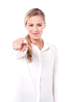 Lady pointing towards camera, half length shot.