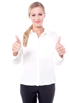Pretty woman showing double thumbs up