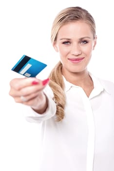 Stylish model offering you shopping card