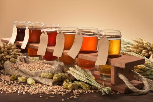 Beer carriers with many different beers,wheat,barley,hops and malt