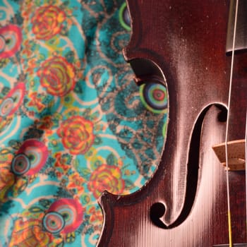 Extreme closeup of violin side against a happy, colorful printed fabric.Violin is an antique from the early 1800's in a dark stain (original finish). Square composition.