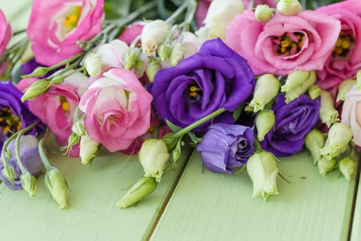 Fresh colorful Japanrose and notebook on rustic wooden background