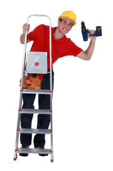 Young carpenter up ladder