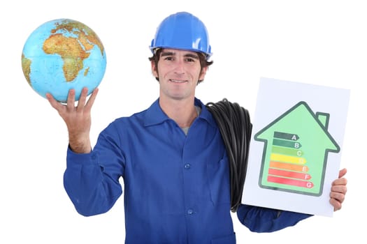 Workers with globe and energy rating panel