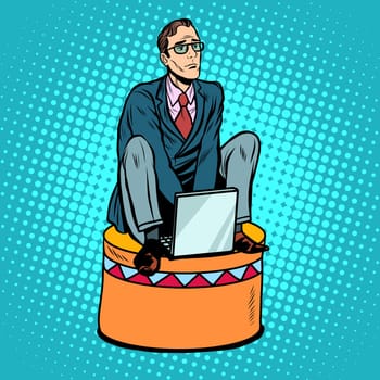 Businessman worker on a circus pedestal pop art retro style. The business concept submission, subordination, team work