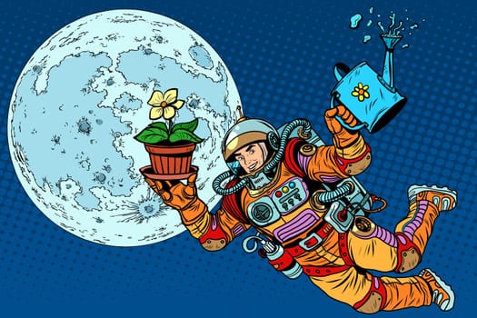 Colonization moon astronaut plants pop art retro style. Ecology and science. Caring for the planet. Man astronaut