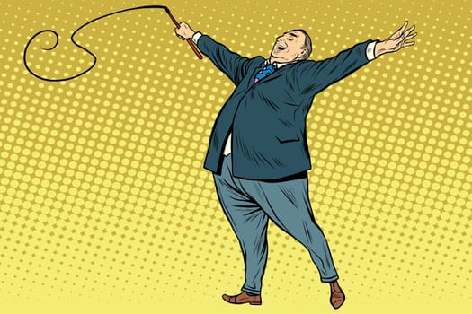 Boss trainer with a whip pop art retro style. A long circus whip. The business concept of the circus and work
