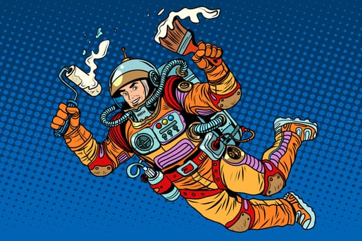 Astronaut with paint makes the repair pop art retro style. Painting and construction finishing