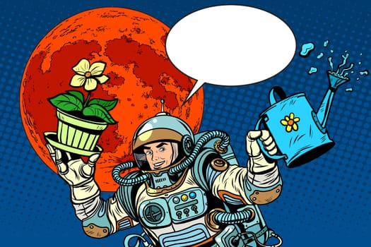 colonization Mars astronaut plants irrigation pop art retro style. Ecology and science. Agriculture and desert. Man astronaut