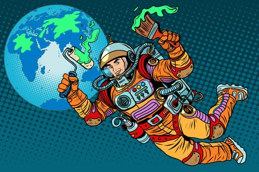 green Earth ecology astronaut pop art retro style. Caring for the environment. Space and modern technology. Earth day