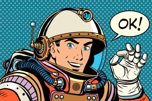OK astronaut man okay gesture well pop art retro style. Okay vector. Retro space good quality