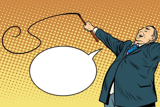 Boss trainer with a whip pop art retro style. A long circus whip. The business concept of the circus and work