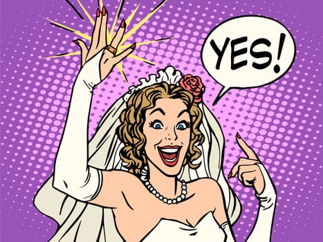 bride wedding ring happiness pop art retro style. Beautiful woman smiling. The joy of a wedding celebration. Vector bride