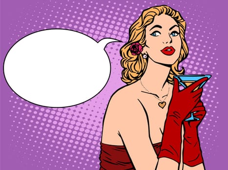 Beautiful woman in red with a drink pop art retro style. Alcoholic drink. Party celebration holiday. Beautiful girl vector illustration