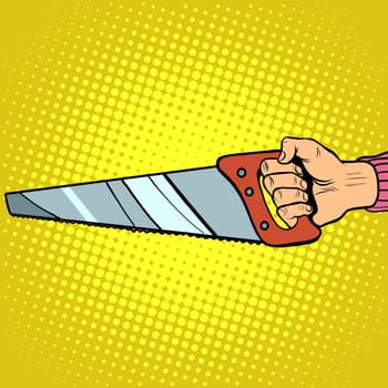 Hand saw vector tool pop art retro style. Repairs and construction. Firewood. Work on wood. Vector saw. Vintage saw tool