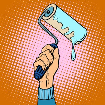 Hand holding paint roller pop art retro style. Repair and painting works