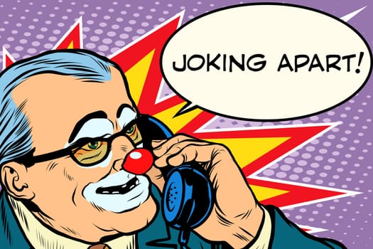 evil clown boss joking apart pop art retro style. Prank call