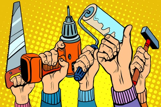 Tools saw drill paint roller hammer pop art retro style. Tools for repair. Repairs and construction. Skill and ability
