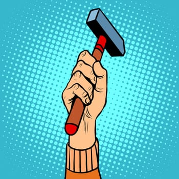 Hand with hammer vector illustration pop art retro style. Homemade tools for repair and construction