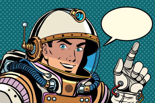 Astronaut pointing finger direction pop art retro style. the pointer gesture of the hand. Index finger.