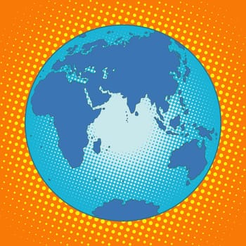 Earth Eurasia Africa Australia Antarctica Asia Europe pop art retro style. The globe map. Eastern hemisphere. Blue planet