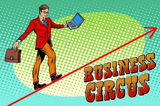 Businessman acrobat business circus pop art retro style. The man is an acrobat on the rope. Chart of sales and growth. Circus and business