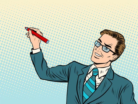 Male business coach draws on background pop art retro style. Business training. Drawing Board