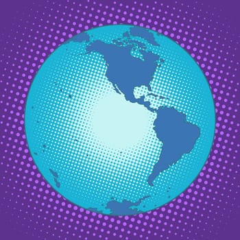 Planet Earth Western hemisphere pop art retro style. South and North America. Antarctica. Map the globe. Blue planet