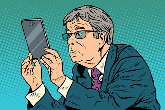 The funny man taking pictures with smartphone pop art retro style. The elderly and gadgets. New technologies. Selfie