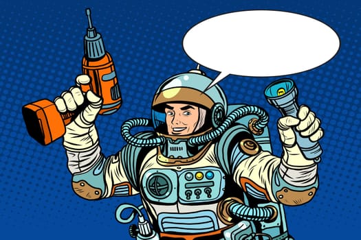 Astronaut with a drill and flashlight pop art retro style. Repair equipment