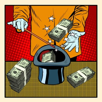 Illusionist magic hat money pop art retro style. Business circus. Money and finances